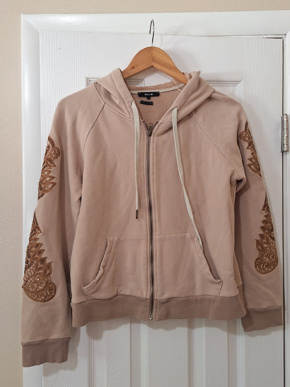 Miss Me Beige Zip-Up Hoodie with Embroidered Brown Sleeve Panels